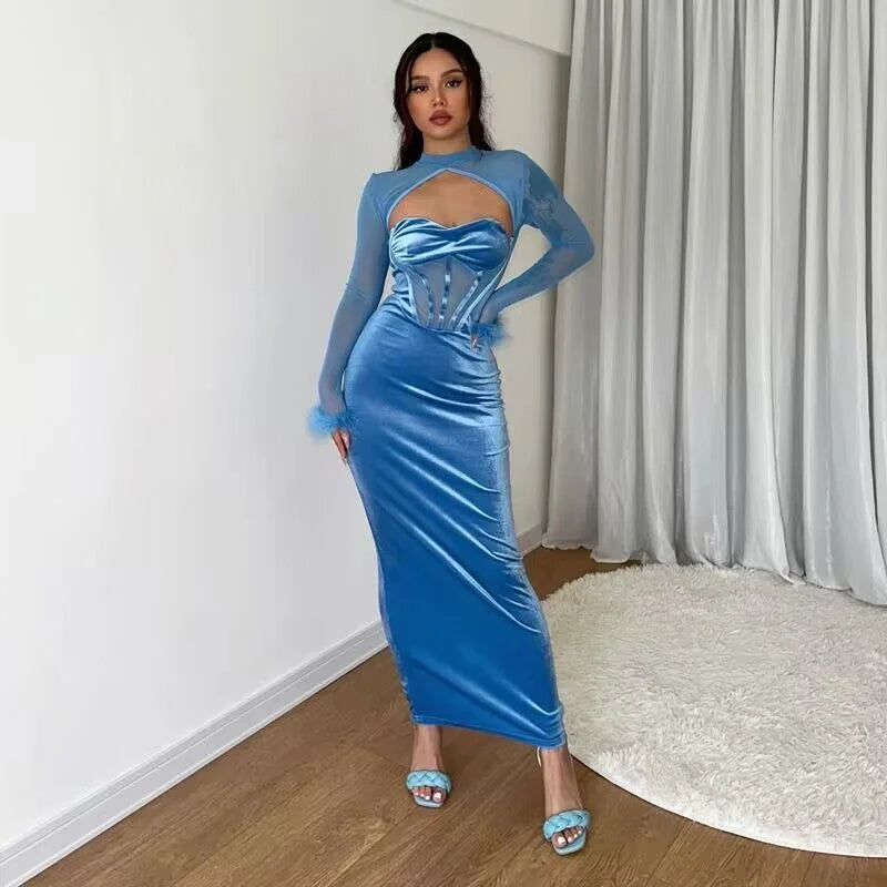 New Plush Mesh Patchwork Nightclub Style Cut Out Maxi Dress Slim Fit