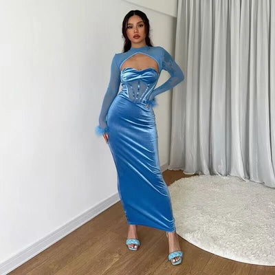 New Plush Mesh Patchwork Nightclub Style Cut Out Maxi Dress Slim Fit
