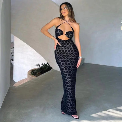 Fashion Halterneck Sexy Cut Out See Through Slim Hip Wrap Dress