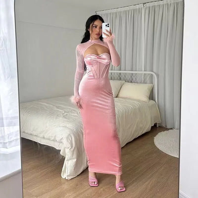 New Plush Mesh Patchwork Nightclub Style Cut Out Maxi Dress Slim Fit