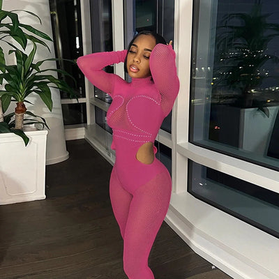 New Mesh Stitching Hot Diamond See Through Sexy Tight Hip Lift Jumpsuit