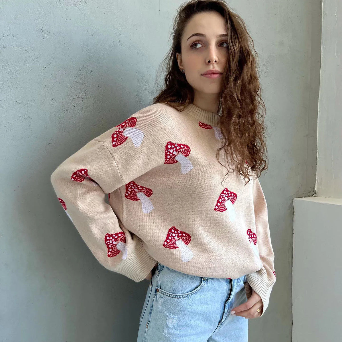Oversized Loose Sweater With Mushroom
