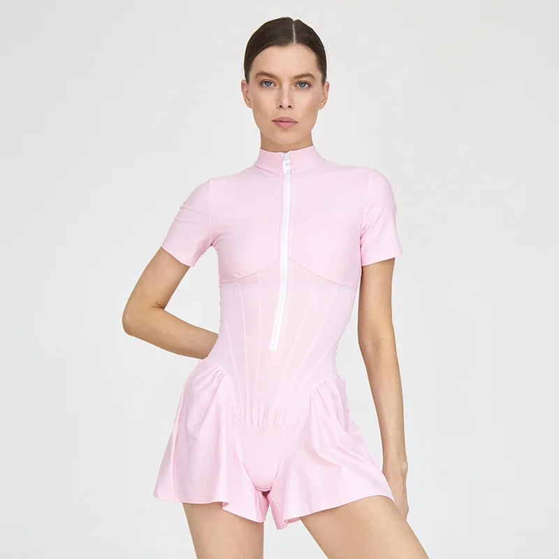 Tight Short Skirt One Piece Round Neck Short Sleeve Zipper Bottom Shirt