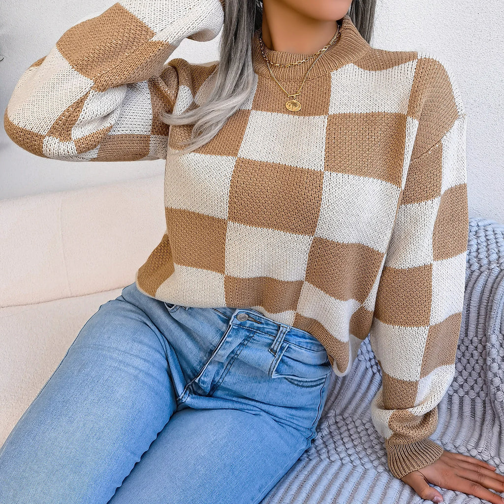 Streetwear Contrasting Plaid Long Sleeved Pullover Knit Sweater