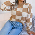 Streetwear Contrasting Plaid Long Sleeved Pullover Knit Sweater