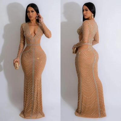 Solid Color Mesh Hot Diamond Long Dress