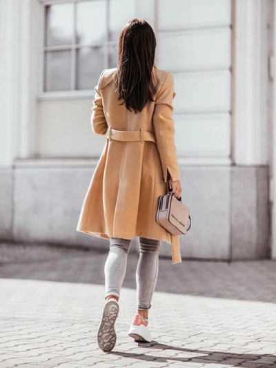 Tweed Coat Solid Color Lace Up Midi Woolen Trench Coat