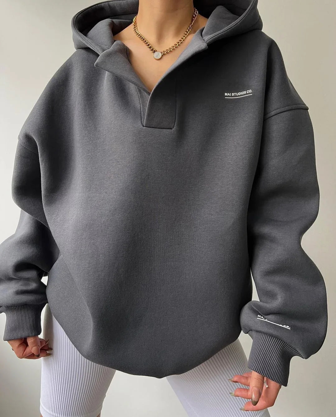 Solid Color Hoddie With V Neck