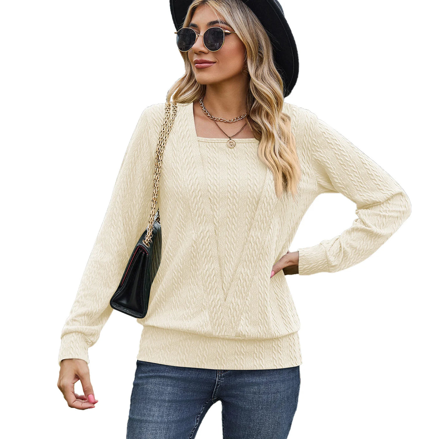 Solid Color Square Collar Cross Loose Long Sleeved Sweater Woman