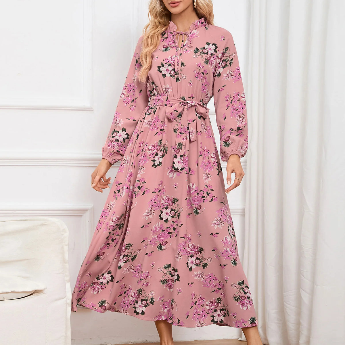 Sleeve Stand Collar Lace Floral Dress