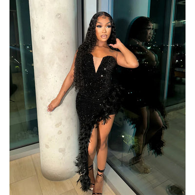 Strapless Backless Sequin Feather Dress