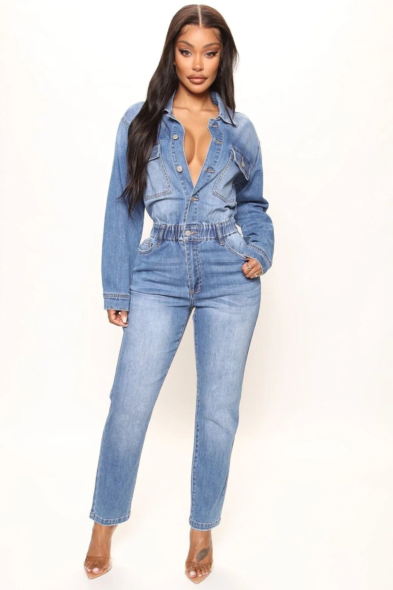 Slim Fit Stretch Small Foot Mouth Wash Denim Jumpsuit