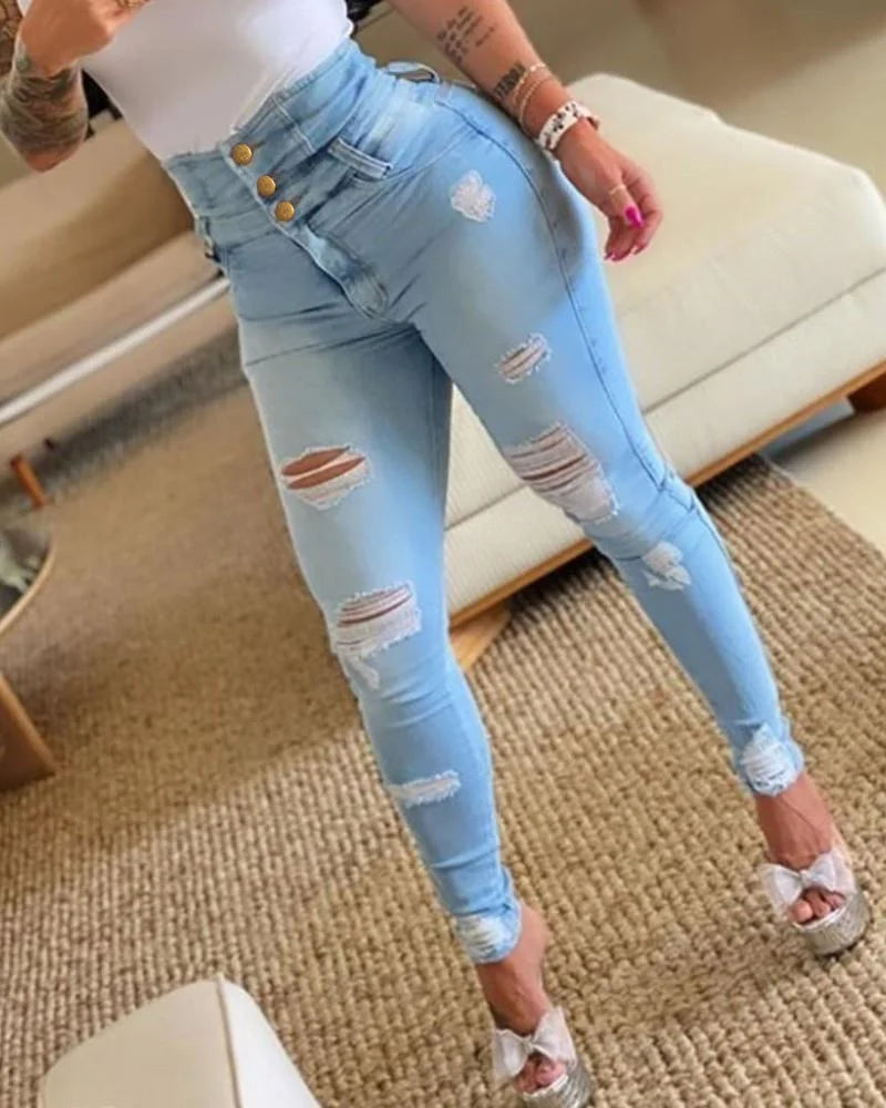High Waisted Distressed Skinny Jeans