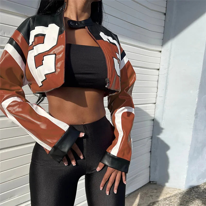 Women’s New Fashion Locomotive Color Embroidery Stitching Slim Leather Jacket