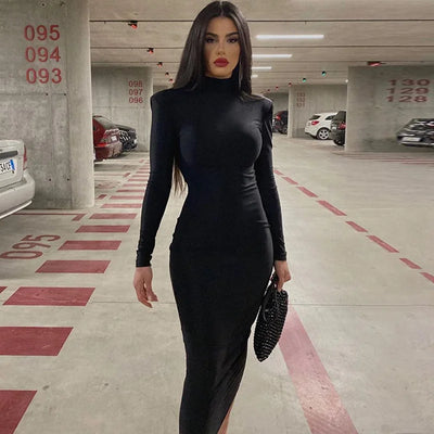 Solid Color Slim High Neck Long Sleeve Temperament Dress