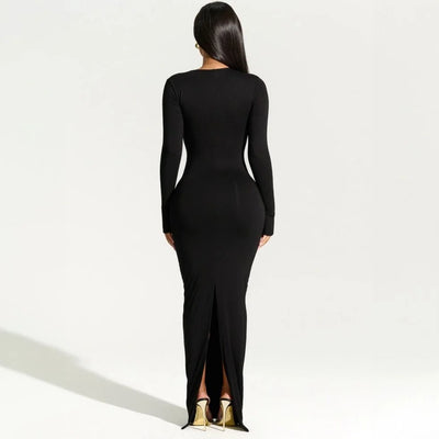 Long Sleeved Diagonal Collar Sexy Babes Slim Back Slit Dress Fashionable