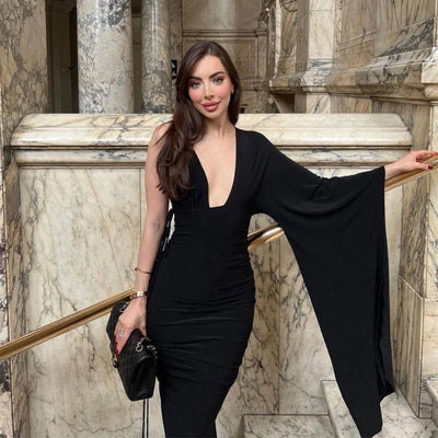 Fashion Single Shoulder Sleeve Sexy Low Cut Open Back Evening Dress Women