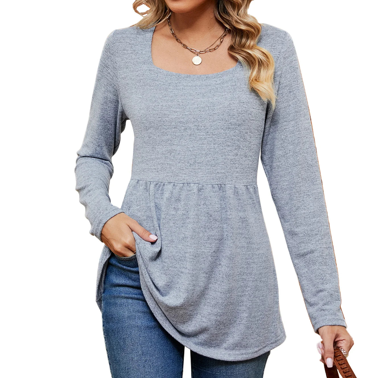 Square Neck Long Sleeve Blouse