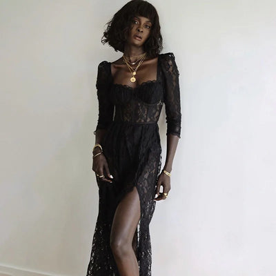 Sheer Lace Square Neck Cropped Sleeve Sexy Slit Slim Dress Women