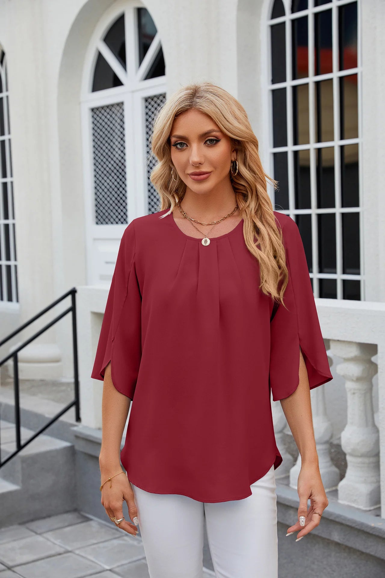 Solid Color Round Collar Five Short Sleeved Loose Chiffon Blouse