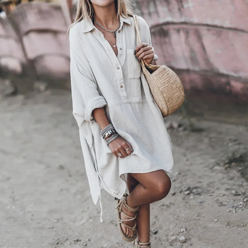 Casual Cotton Linen V Neck Short Dress