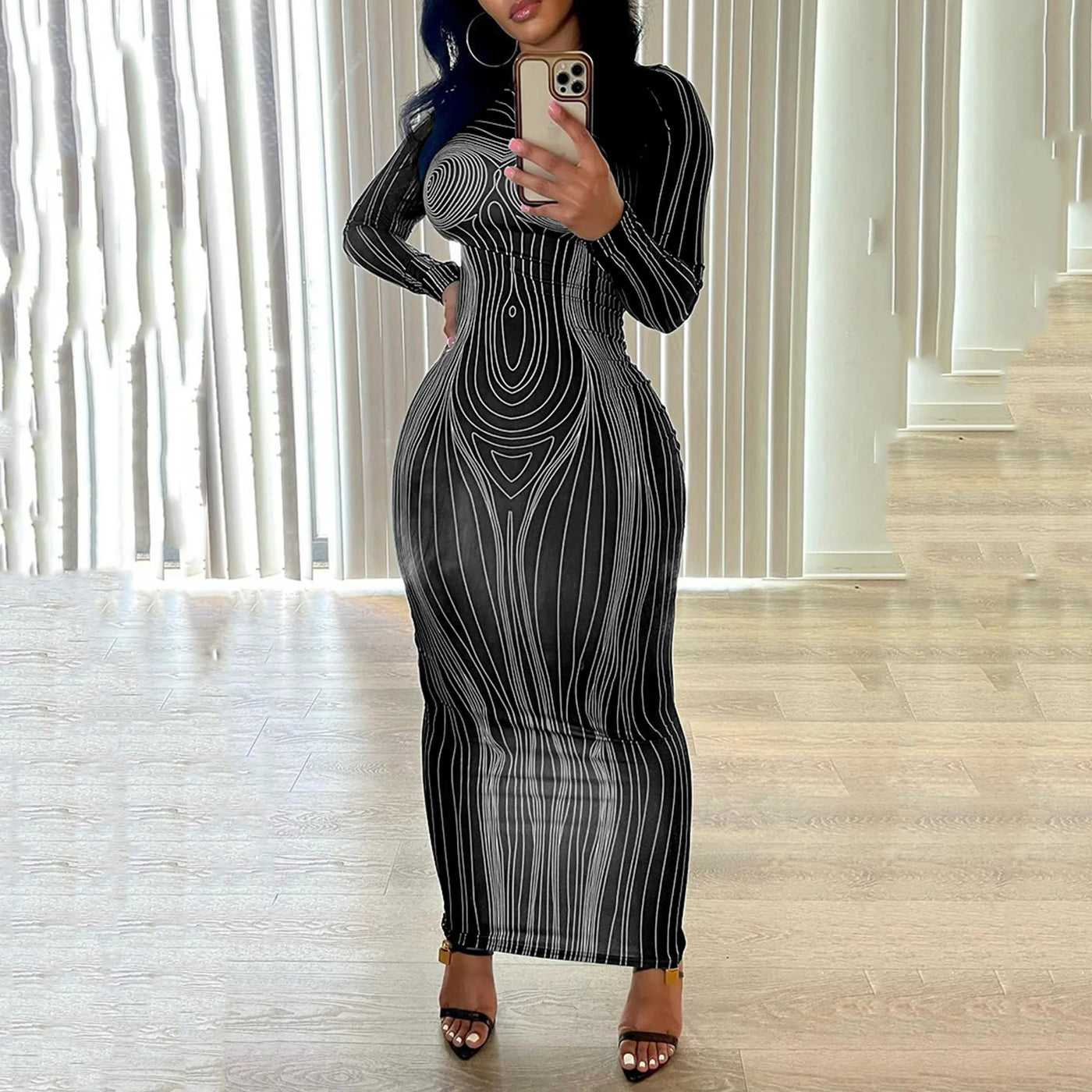 New Hip Skirt Long Sleeve Round Neck Fashion Print Slim Hip Bottom Dress