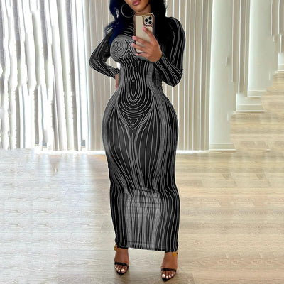New Hip Skirt Long Sleeve Round Neck Fashion Print Slim Hip Bottom Dress