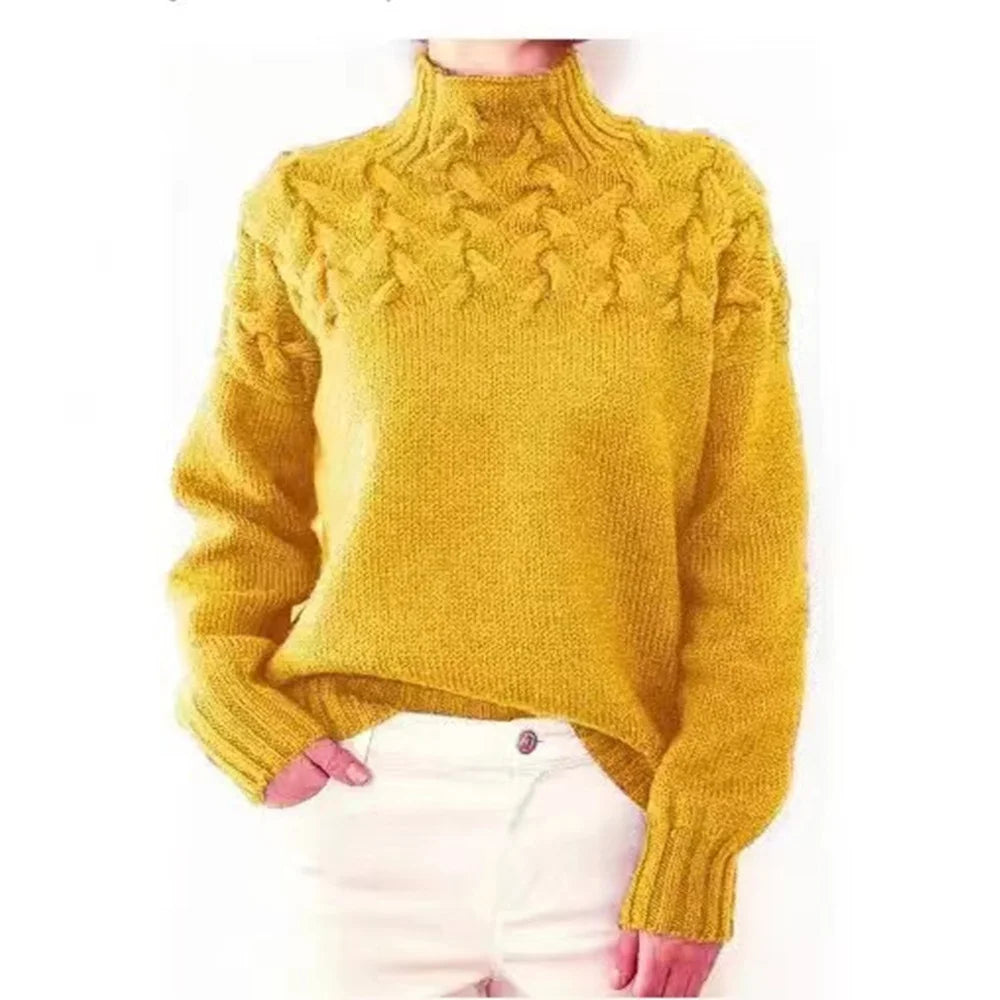 Casual Long Sleeved High Necked Solid Color Sweater