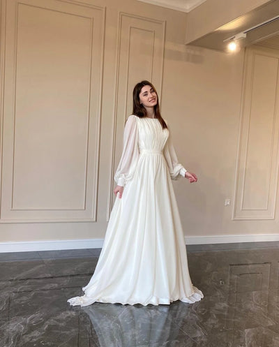 Lantern Pearlescent Gauze White Wedding Dress Round Neck Dress