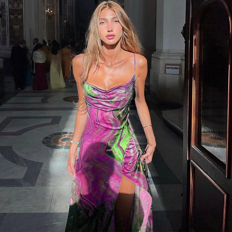 Fall Print Slim Slit Open Back Bandeau Slip Dress