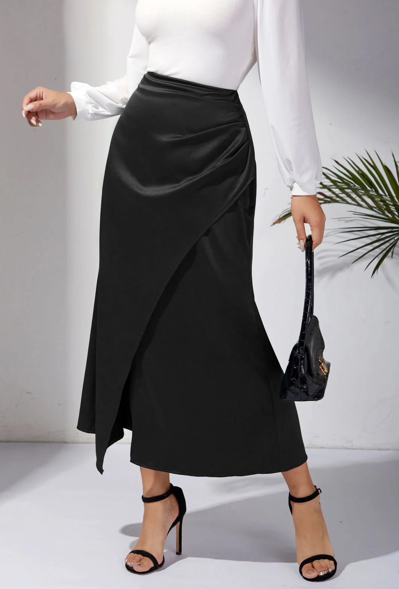 High Waisted Satin Pile Pleated Slit Long Skirt Solid Color Skirt Zipper Fishtail Hip Skirt