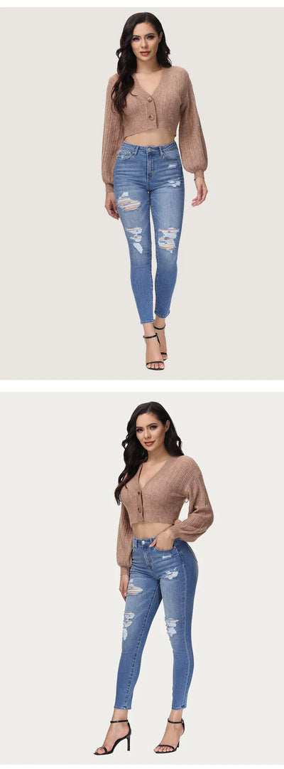 Women’s Jeans Blue High Waist Trousers Ripped Skinny Jeans Women