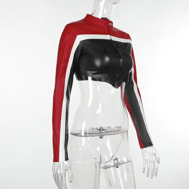 Contrasting Biker Style Short Crop Top Long Sleeve Leather Jacket