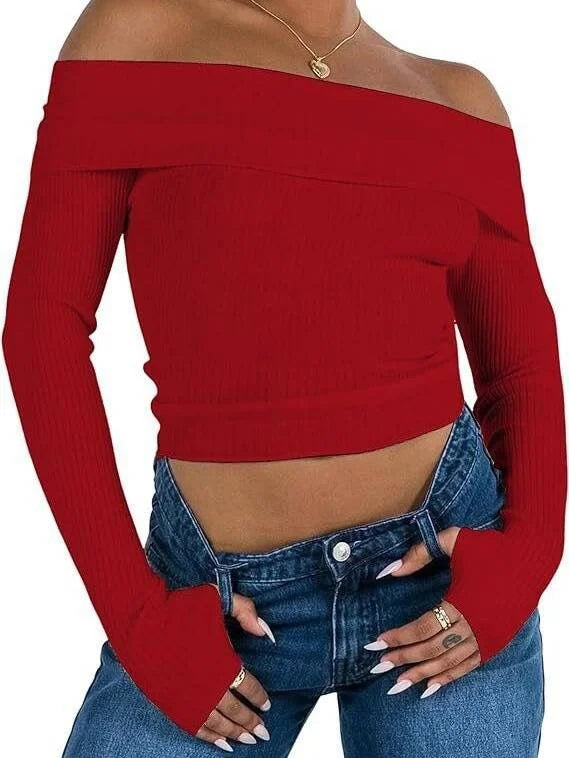 Women’s Long Sleeve Sweeter With Straight Shoulders Solid Color