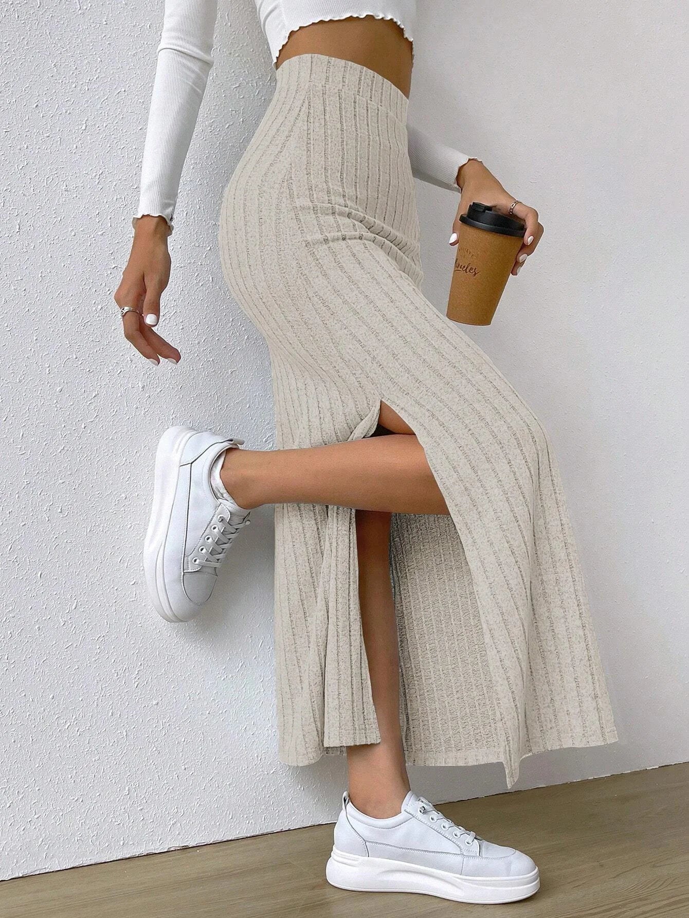 High Waisted Side Slit Slim Knit Skirt Women’s