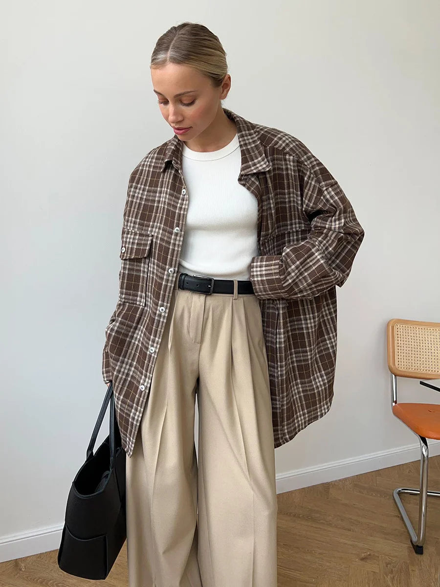 Style Retro Double Pocket Check Striped Mid Length Shirt