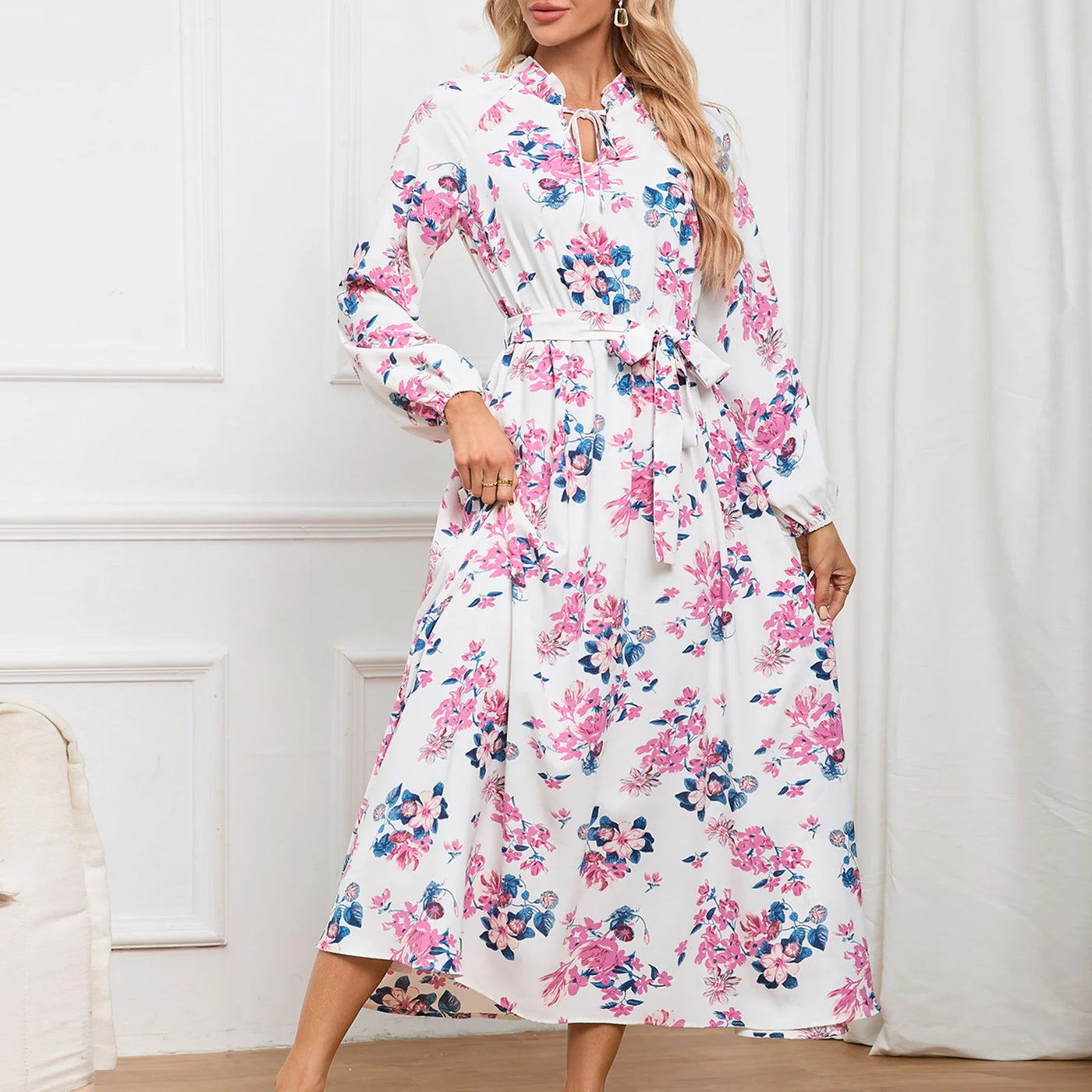 Sleeve Stand Collar Lace Floral Dress