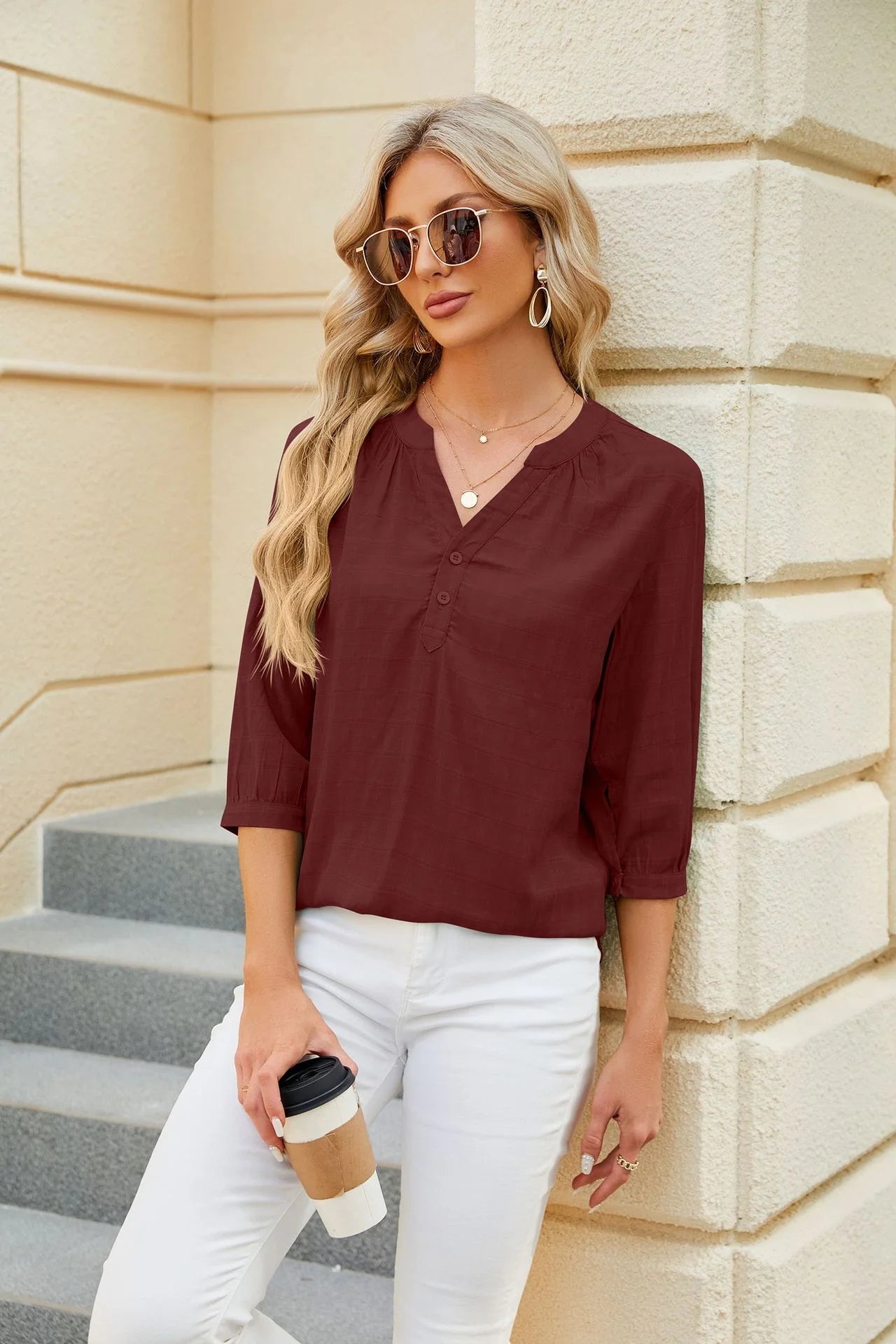 V Collar Loose Five Sleeve Blouse Woman