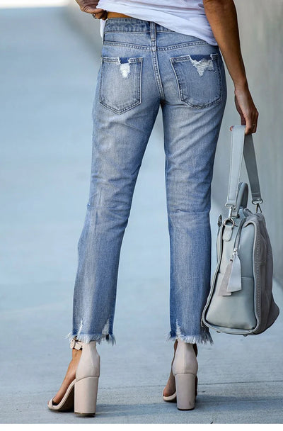 Washed Frayed Tassel Jeans Slim High Stretch Small Leg Trousers