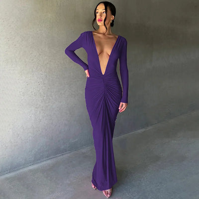 Summer New Fashion Sexy V-Neck Slim Pleated Solid Color Long Sleeve Dress