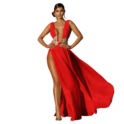 Evening Dress V-Neckline High Slit With Floor-Length Skirt