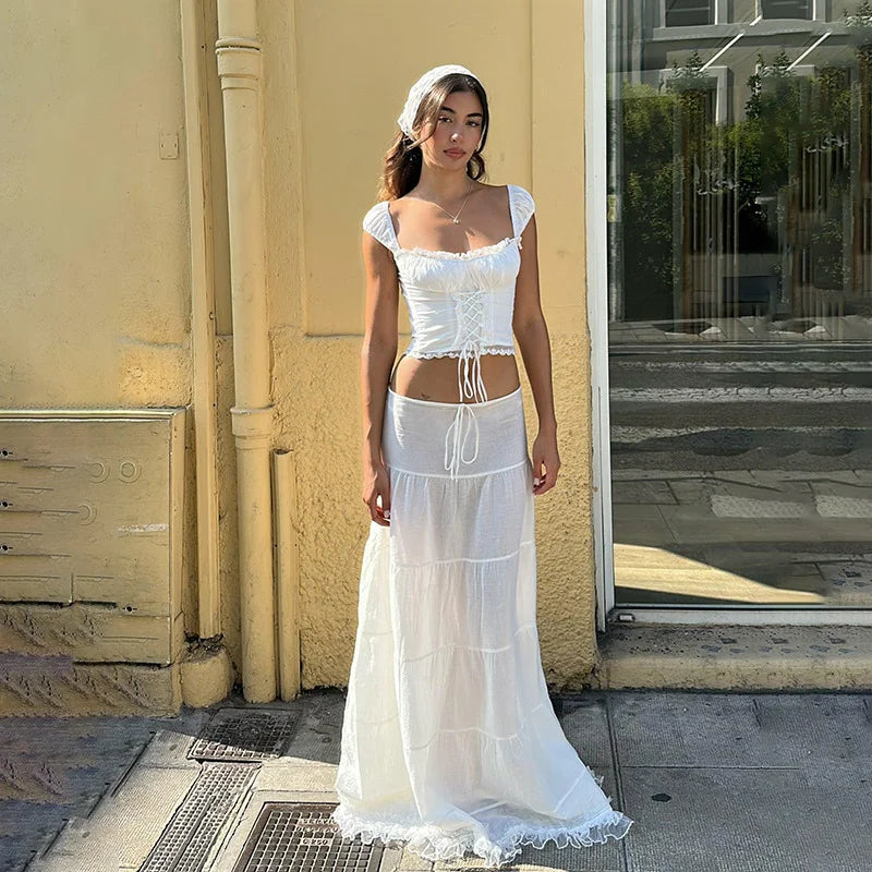 French Camisole Set With Long Lace Skirt