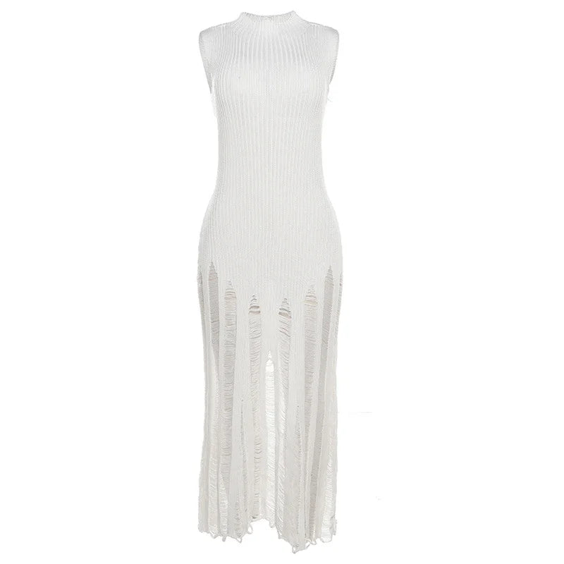 Sexy Sleeveless Knitted High Necked High Waisted Slender Long Dress