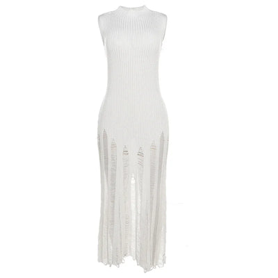 Sexy Sleeveless Knitted High Necked High Waisted Slender Long Dress