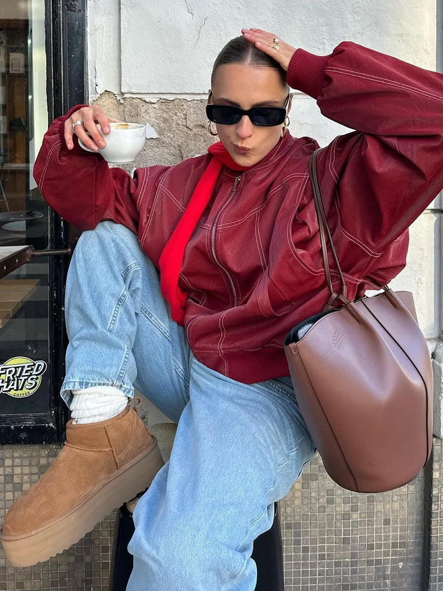 Leather Jacket with Long Sleeves and Zipper