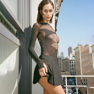 Transparent Elastic Jumpsuit With Diamonds
