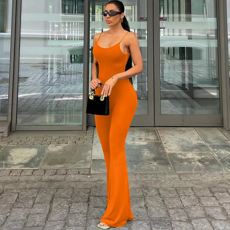 U Neck Backless Slim Color Suspender Jumpsuit