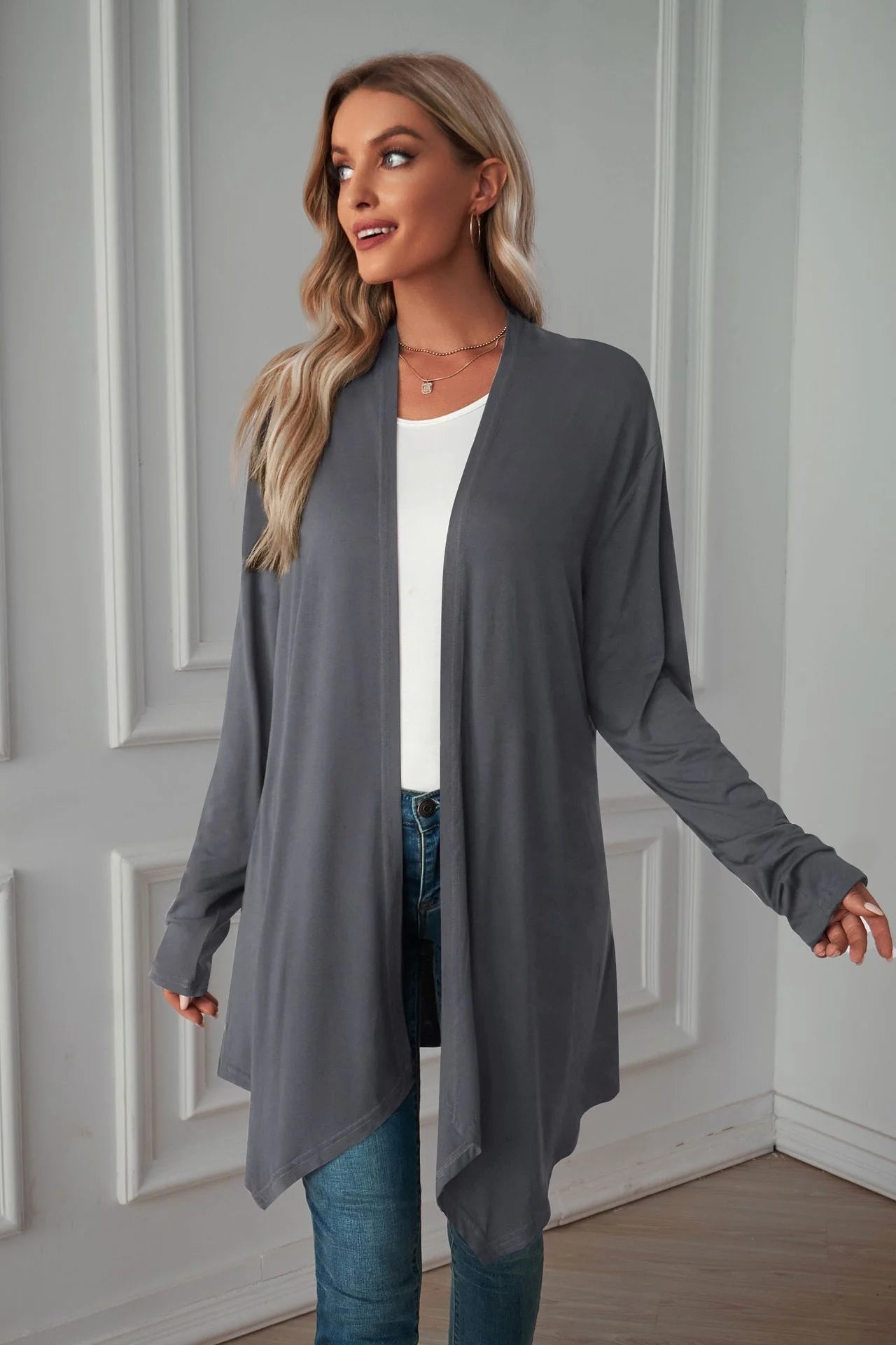 Pure Color Long Sleeved Cardigan Coat Long Blouse Woman