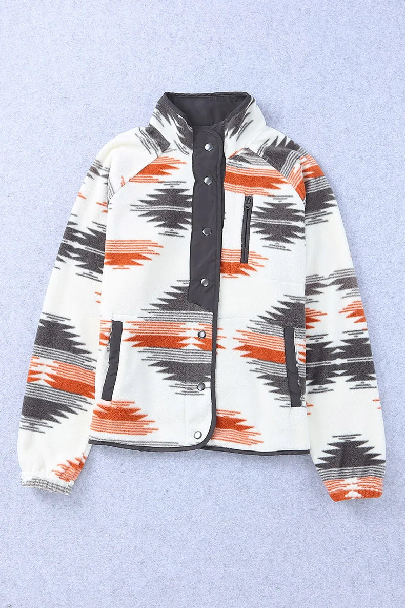 Printed Cardigan Women’s New Fashion Color Matching Fleece Jacket