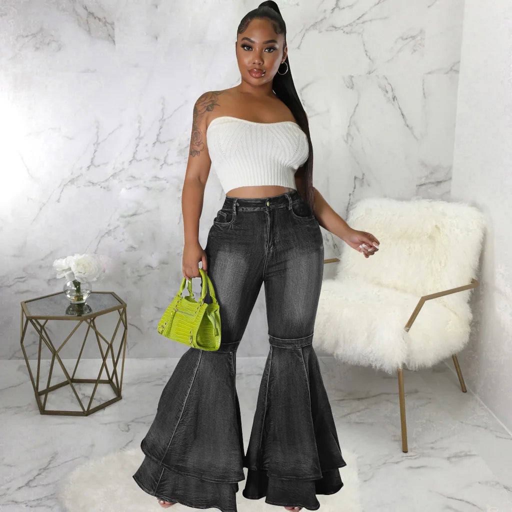 Versatile Wide Leg Washed Denim Stretch Bell Bottoms